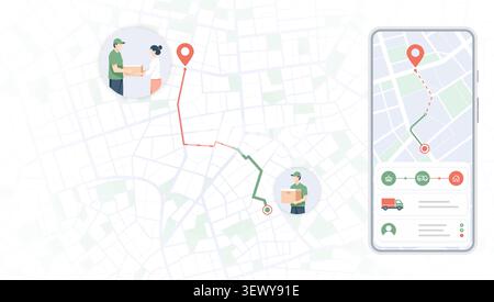 Delivery app interface with map tracking and courier illustrations Stock Vector