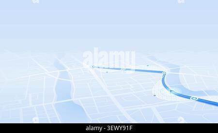 Perspective Blue City Navigation Map with Highlighted Route and Direction Markers Showing GPS Path Through Urban Streets Stock Vector