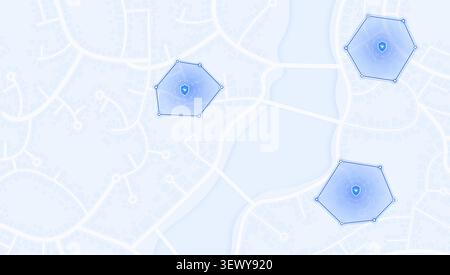 Highlighted shield icons with Hexagonal Security Zones on city map Stock Vector