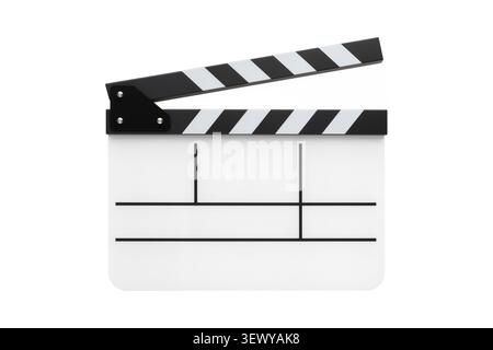 3d rendering of a film slate clapperboard with a blank white panel, ready for custom labels and text, isolated on white. Stock Photo