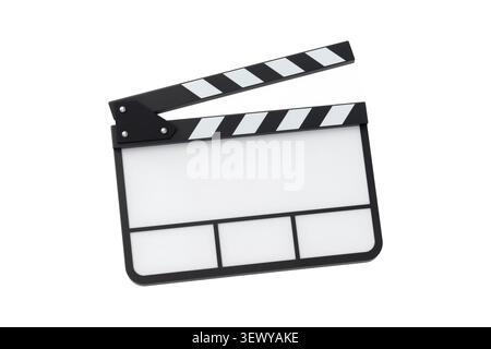 3d rendering of a black clapperboard with a blank white panel and open sticks, isolated on white. Stock Photo