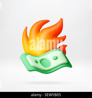 3D Money banknote burning with bright fire flame Stock Vector