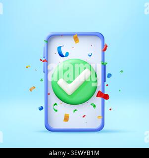 3D Smartphone with green check mark and confetti Stock Vector