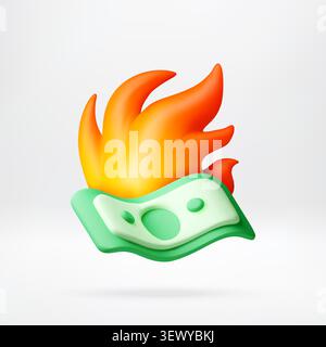 3D Money banknote burning with bright fire flame Stock Vector