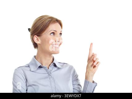 Studio, pointing up and businesswoman by mockup space for marketing, ideas or option in career. Happy, professional and corporate employee with Stock Photo
