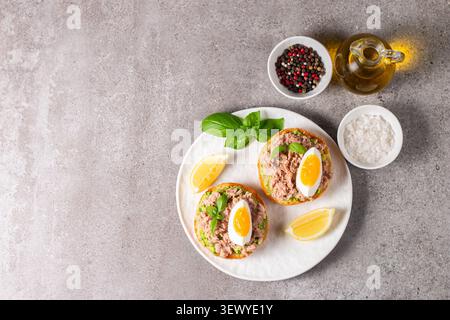 Toast with Canned Tuna. Fish open sandwich with egg and avocado. Stock Photo
