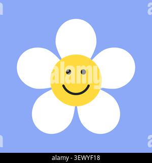 Happy Smiley Daisy Flower Icon Isolated on Blue Background. Vector Illustration Stock Vector
