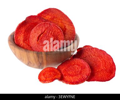 Crispy roasted carrot chips with sea salt, isolated on white background. Healthy and crunchy natural vegetable snack. Clipping path. Stock Photo
