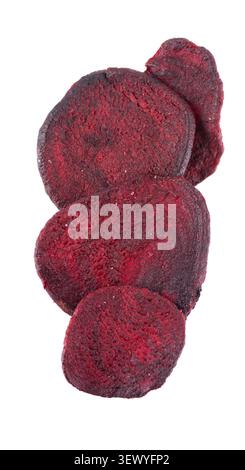 Crispy roasted beetroot chips with sea salt, isolated on white background. Healthy and crunchy natural vegetable snack. Clipping path. Stock Photo