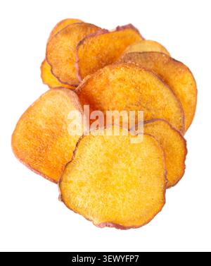 Crispy roasted sweet potato chips with sea salt, isolated on white background. Healthy and crunchy natural vegetable snack. Clipping path. Stock Photo