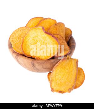 Crispy roasted sweet potato chips with sea salt, isolated on white background. Healthy and crunchy natural vegetable snack. Clipping path. Stock Photo