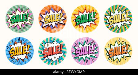 Sale comic sticker collection in round circle format with bold lettering on starburst shapes, bright pop art backgrounds and halftone bursts. Sale Stock Vector
