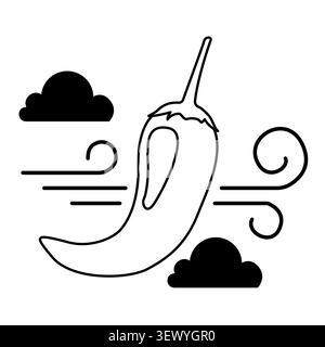Spicy chili pepper black vector shape features flying cloud. Abstract stroke vegetable represents modern cooking recipe. eps 10 Stock Vector