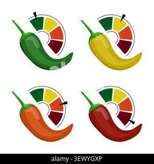 Spicy level speedometer set colorful vector shape features dial. Abstract chili pepper meter highlights modern restaurant menu. eps 10 Stock Vector