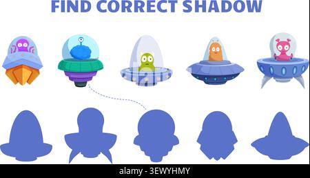 Find correct shadow. Educational children game for for developing attention. Funny cartoon aliens in different spaceships, ufo people, vector template Stock Vector
