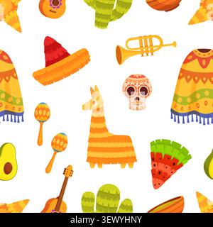 Mexican style seamless pattern. Mexico festival symbols, poncho, sombrero, pinatas, cactus. Colorful carnival print for fabric, vector background Stock Vector