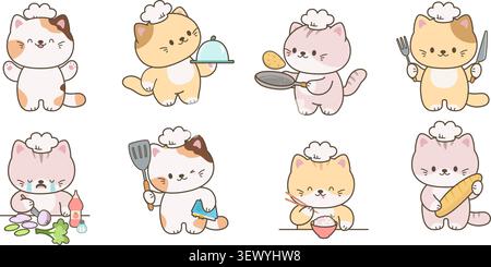 Funny kawaii kittens cook. Cats chefs cut onion, cooking pancakes, degustation rice for sushi. Adorable cartoon kitten for kitchen, nowaday vector Stock Vector