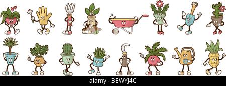 Funny garden tools characters. Shovel, watering can, glove. Isolated groovy plants in pots, green leaves, palm tree, flower and cactus, neoteric Stock Vector