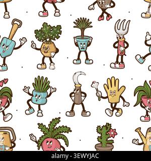 Pot plant characters seamless pattern. Groovy green plants, cactus, flowers, bushes and garden tools. Gardening print for fabric, wallpaper, neoteric Stock Vector