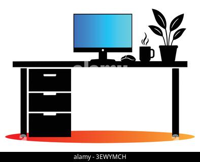 Modern Office Desk Workspace Vector Icon with Computer Setup Stock Vector