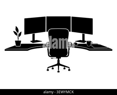 Modern Multi Monitor Workstation Silhouette Office Desk Setup Stock Vector