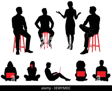 Business Meeting Silhouette Set with Sitting People Icons Art Stock Vector