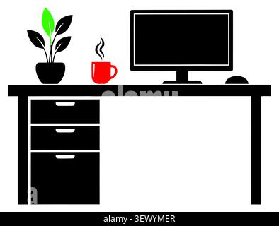 Modern Office Desk Workspace Silhouette Vector Icon Design, computer in office Stock Vector