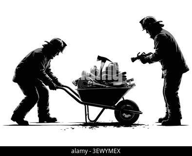 Construction Workers with Wheelbarrow Silhouette Vector Icon Stock Vector