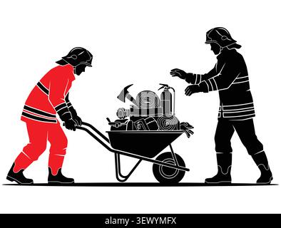Firefighters working with tools and equipment, hard hat Stock Vector