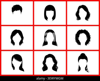 Women's Hairstyles Silhouette Collection Flat Vector Icon Set Stock Vector