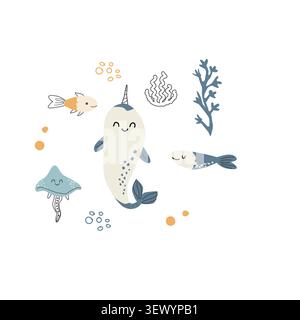 Cute narwhal and jellyfish and tropical fish composition. Kids print with sea animals and creatures. Cartoon doodle vector illustration on white backg Stock Vector