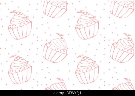 Hand drawn pink cupcake sketch, seamless pattern with muffin and dots. Bakery sweet dessert, outline pink pattern on white background. Vintage cupcake Stock Vector