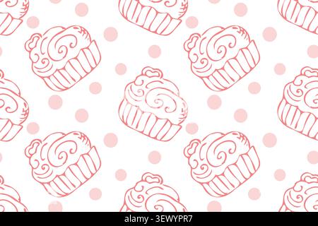Pink cupcake and polka dot seamless pattern with muffins. Bakery sweet dessert, outline pink pattern on white background. Retro cupcake texture, sweet Stock Vector