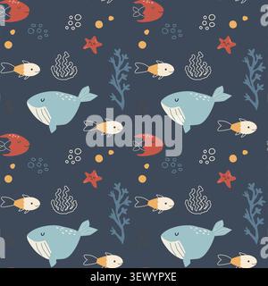 Cute kids whale seamless pattern in doodle scandinavian style. Hand drawn vector illustration of sea creatures and plants, corals, underwater inhabita Stock Vector