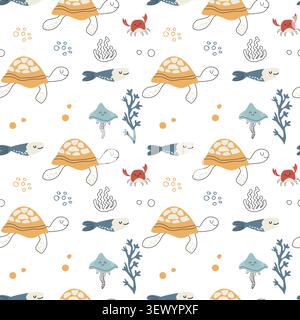 Cute tropical turtle and jellyfish seamless pattern in doodle scandinavian style. Hand drawn vector illustration of sea creatures and plants, corals, Stock Vector