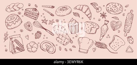 Hand drawn sketch of pastry items and kitchen utensil. Outline culinary vector illustration in linear sketch style. Baking equipment and ingredients, Stock Vector
