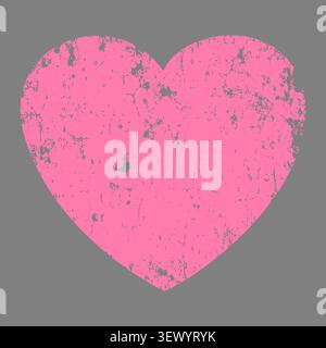 Pink grunge distressed textured heart shape concept for love, romance passion valentines day graphic design element flat abstract sign romantic emotion symbol illustration isolated on grey background.. Stock Vector