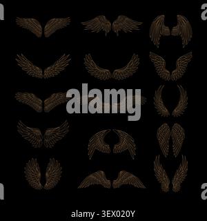 Angel wings. Vector illustration features decorative wing designs with detailed feathers in various shapes for fantasy themes Stock Vector