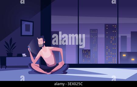 Night loneliness. Vector illustration shows a lonely man sitting on the floor using a smartphone in a dark room with city lights Stock Vector