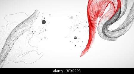 Abstract scientific illustration of  wireframe wave, black and red line art on white background. Vector Stock Vector