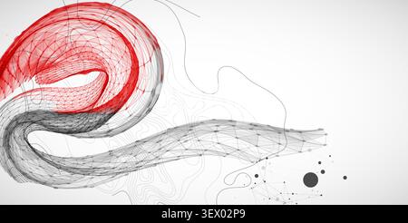 Abstract scientific illustration of  wireframe wave, black and red line art on white background. Vector Stock Vector