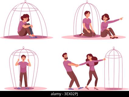 Mental Isolation. Vector people trapped inside bird cages showing loneliness stress emotional barriers and social isolation concept exact illustration Stock Vector