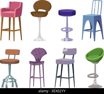 Bar stools. Vector illustration shows modern bar stools with different shapes colors and wooden designs for cafe interiors exact collection Stock Vector