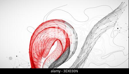 Abstract scientific illustration of  wireframe wave, black and red line art on white background. Vector Stock Vector