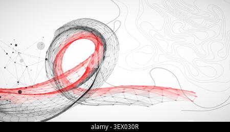 Abstract scientific illustration of  wireframe wave, black and red line art on white background. Vector Stock Vector