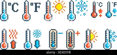 Pixel art weather thermometers. Pixelated thermometer column show different outside temperature. Winter, summer seasons, game 8 bit icons, tidy vector Stock Vector