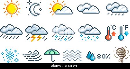 Weather pixel icons. Weather forecast 8 bit symbols. Clouds, sun, crescent, rain and snow. Humidity and temperature indicators, thermometers tidy Stock Vector