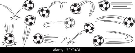 Doodle football ball jumping. Soccer balls in different positions, jump and fly. Speed and motions effects. Sport competition, training, actions racy Stock Vector