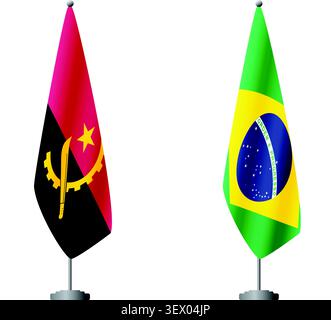 Angola and Brazil flags on flagpoles for official ceremonies and meetings, transparent background vector Stock Vector