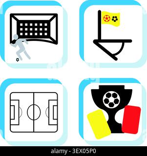 Football icons showing goal corner field and championship trophy Stock Vector